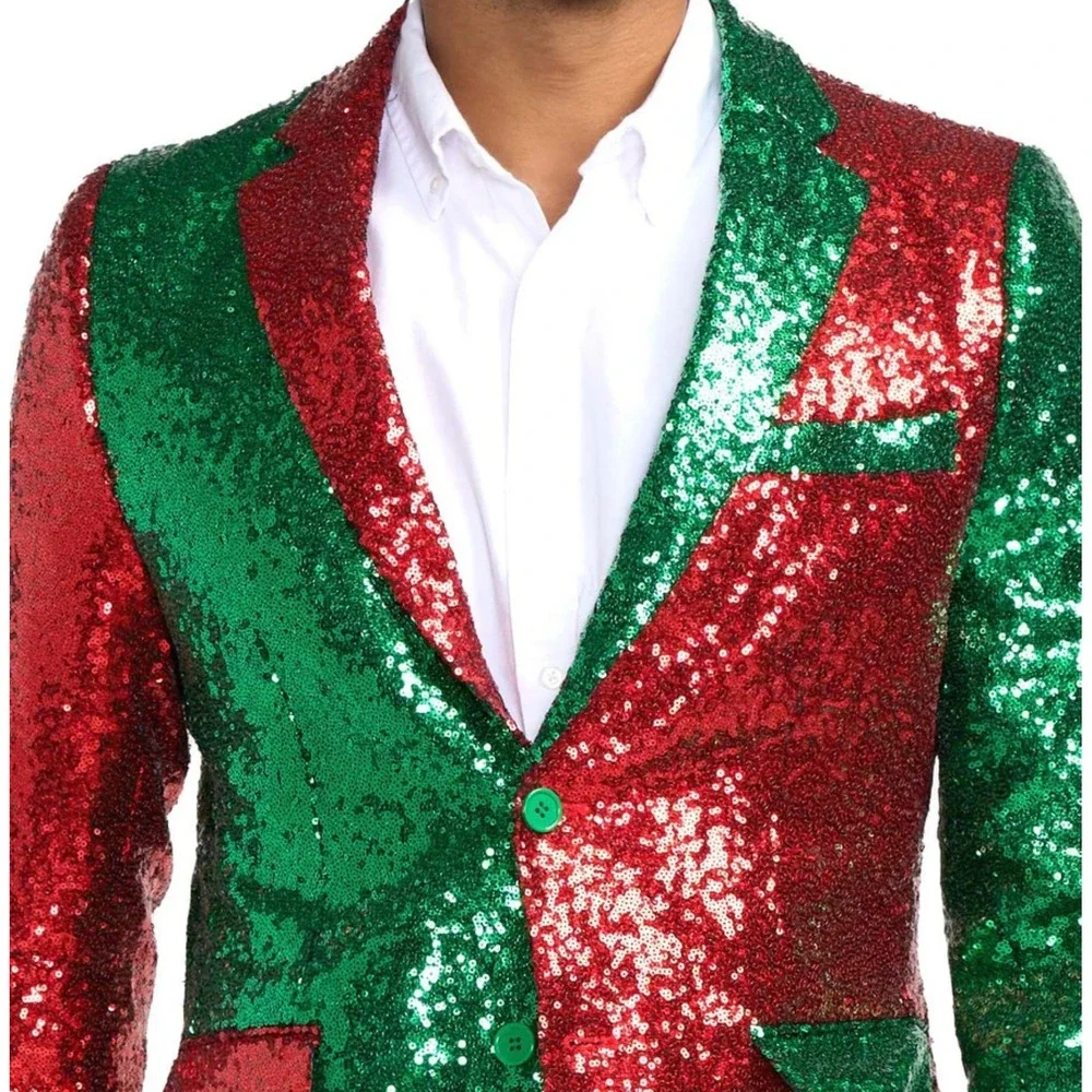 Mens Red Green Sequin Holiday Blazer Christmas Party Sport Coat Two Tone Jacket